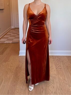 Velvet Rust Orange Slip Dress with Side Ruched Detail